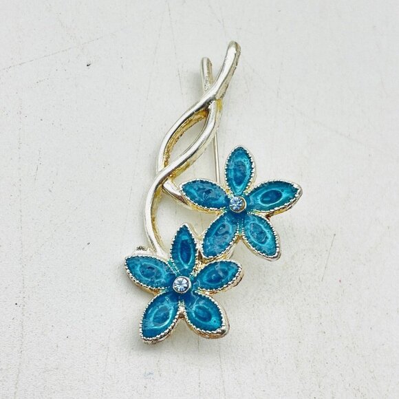 Vintage Blue Floral Bouquet Pin Silver Tone Glittery Enamel Rhinestone Center - Picture 3 of 5